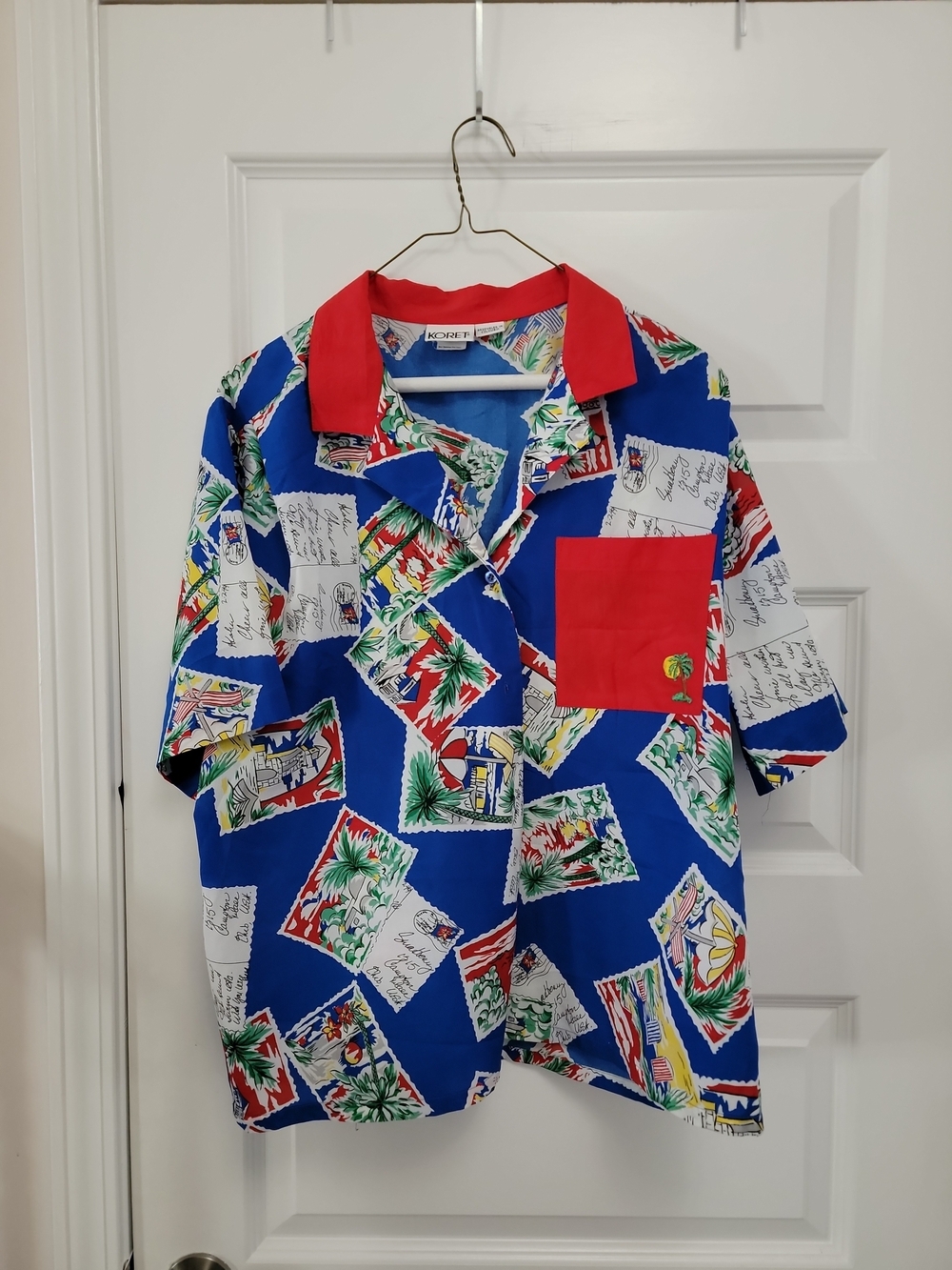 Koret Vintage Blouse Shirt Top Postcards Palm Trees Red Blue Size L Large